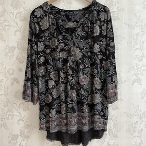 Lucky Brand Top Womens Sz 2X Black Paisley Floral Popover Boho Knit Jersey